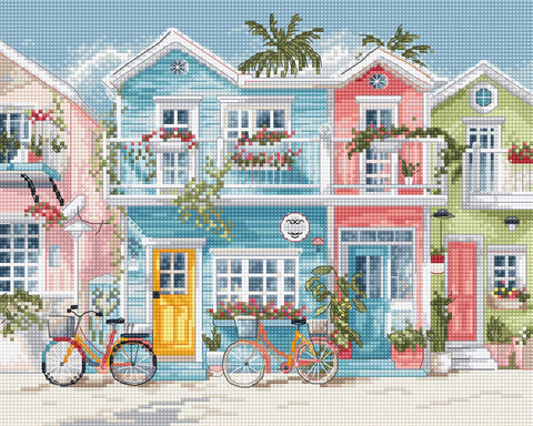 Cross Stitch Kit, Coastal Cityscape Design, 24 x 19 cm, Zweigart Aida 16 ct, 48 Cotton Thread Colors, Letistitch