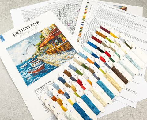 Cross Stitch Embroidery Kit, City Harbor Scene, Letistitch, 24 x 20 cm, 58 Colors, Zweigart Aida 16 ct Canvas, Cotton Threads
