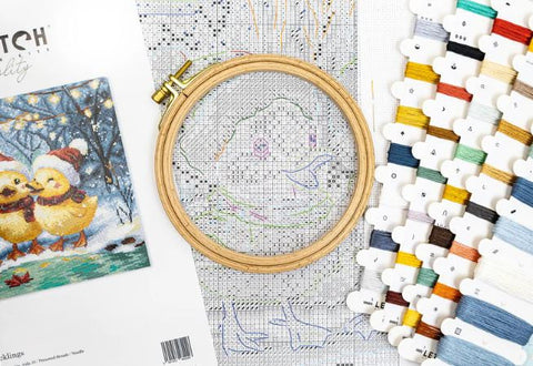 Christmas Cross Stitch Kit with Duckling Design, Zweigart Aida 16 ct, 49 Colors, 24x20 cm, Letistitch