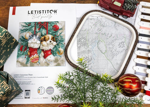 Christmas Cross Stitch Kit, Christmas Naps Design, 24 x 24 cm, Letistitch, Zweigart Aida 16 ct, 34-Color Cotton Threads