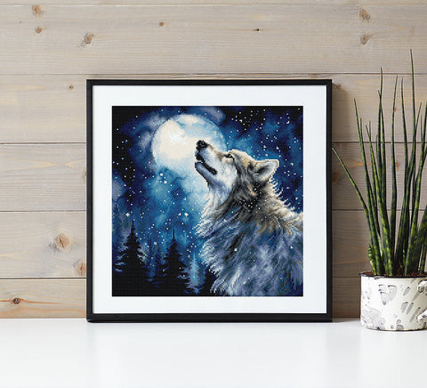 Cross Stitch Kit Midnight Snowfall Winter Landscape, Letistitch, 24x24 cm, Dark Blue and Gray Design with White Snow