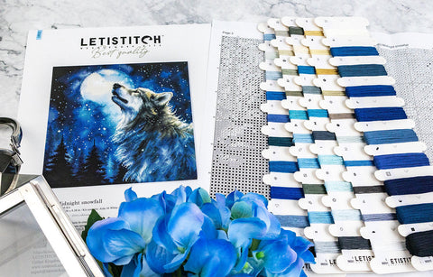 Cross Stitch Kit Midnight Snowfall Winter Landscape, Letistitch, 24x24 cm, Dark Blue and Gray Design with White Snow