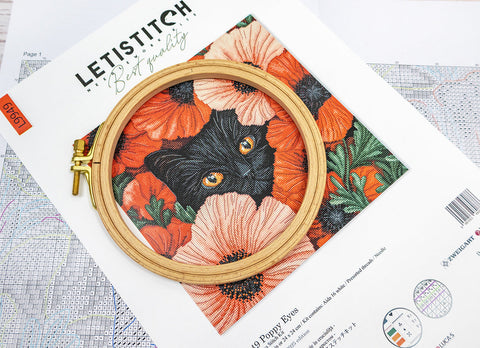 Cross Stitch Kit, Poppy Eyes Floral Design, 24x24 cm, Letistitch, Canvas, Cotton Threads, Needle, Chart and Instructions