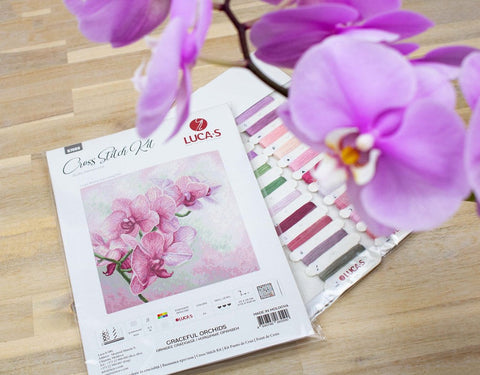 Luca-S Elegant Orchids Cross Stitch Kit, 25x25cm, 16ct Aida, 24 Colors