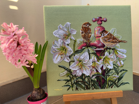 Cross Stitch Embroidery Kit Among the Lilies, Merejka, Floral Design, 25 × 28 cm, Natural Tones on Light Background