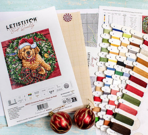Christmas Puppy Cross Stitch Kit 26x26 cm, LetiStitch, Zweigart Aida 16ct, Anchor Cotton Threads, Metallic Accents