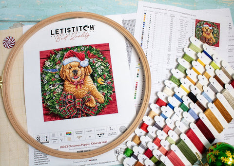 Christmas Puppy Cross Stitch Kit 26x26 cm, LetiStitch, Zweigart Aida 16ct, Anchor Cotton Threads, Metallic Accents