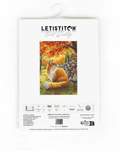Cross Stitch Kit A Friend for Little Fox, LetiStitch, 27x19 cm, Zweigart Aida 16ct, 100% Anchor Cotton Thread