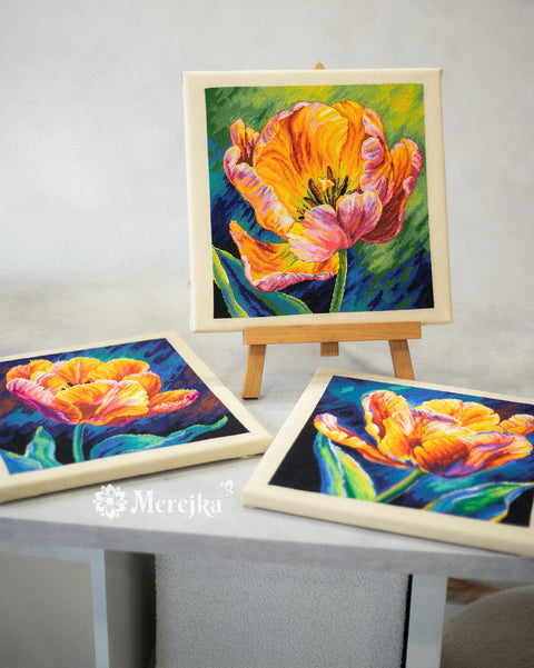 Cross Stitch Kit, Spring Awakening Floral Design, 27 x 27 cm, Merejka SK300, DMC 29 Colors, Zweigart Aida 16 Canvas