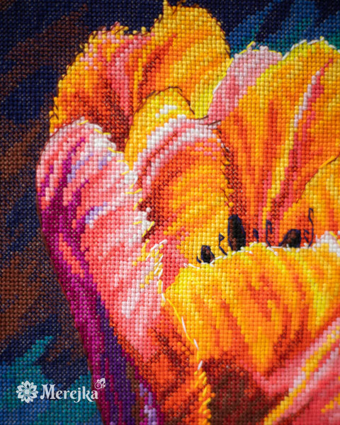 Cross Stitch Kit Spring Awakening Floral Design, Merejka, 27x27 cm, Zweigart Aida 16, DMC Threads, 28 Colors