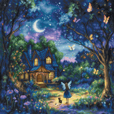 Cross Stitch Kit Luna’s Garden 27x27 cm, Moon and Garden Motif, Multicolor Embroidery Kit by Letistitch