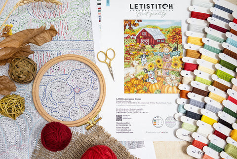 Cross Stitch Kit Autumn Farm Design, 27×35 cm, Letistitch, Cotton Threads, Embroidery Canvas, Earthy Tones