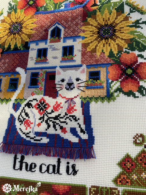 Cross Stitch Kit with Cat Design, Home Is Where the Cat Is, Merejka, 27 × 43 cm, Aida Canvas, Cotton Threads