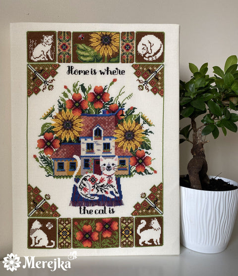 Cross Stitch Kit with Cat Design, Home Is Where the Cat Is, Merejka, 27 × 43 cm, Aida Canvas, Cotton Threads