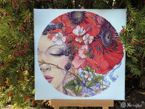 She Sleeps Counted Cross Stitch Kit by Merejka, Aida 16 Ice Blue Fabric, 40 DMC Colors, 28 cm Design, John James Needle