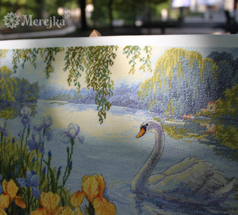 Merejka Cross Stitch Kit, Enchanted Pond Landscape, Multicolor Nature Scene, 28 x 34 cm, Beginner and Advanced Embroidery Kit