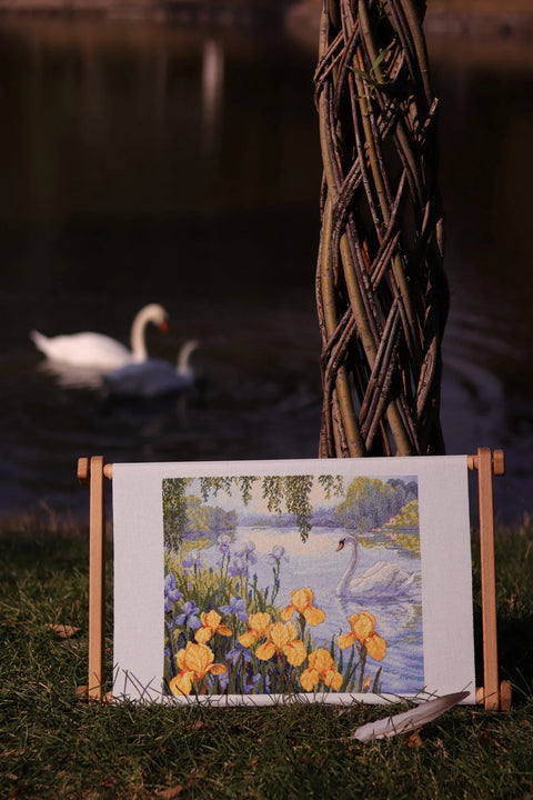 Merejka Cross Stitch Kit, Enchanted Pond Landscape, Multicolor Nature Scene, 28 x 34 cm, Beginner and Advanced Embroidery Kit