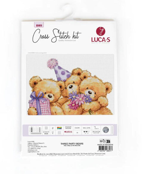 Luca-S Three Party Bears Cross Stitch Kit, 29x19cm