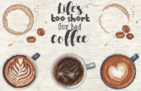 Cross Stitch Kit “Life’s Too Short for a Bad Coffee” Quote, LetiStitch, 29 x 19 cm, Rustic Aida, Anchor Cotton Threads