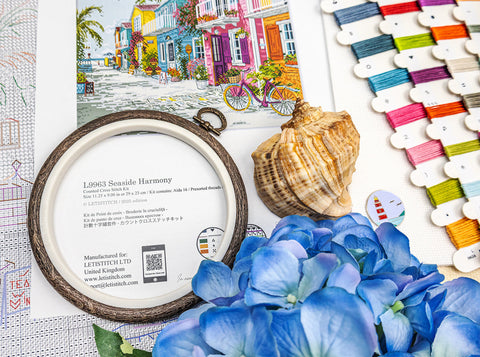 Counted Cross Stitch Kit Seaside City Landscape, Letistitch, 29 x 23 cm, Zweigart Aida 16 ct, 50 Colors, 100% Cotton