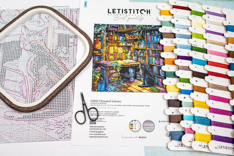 Cross Stitch Embroidery Kit with Detailed Library Design, Letistitch Charmed Library, 29x29 cm, Multicolor DIY Craft Set