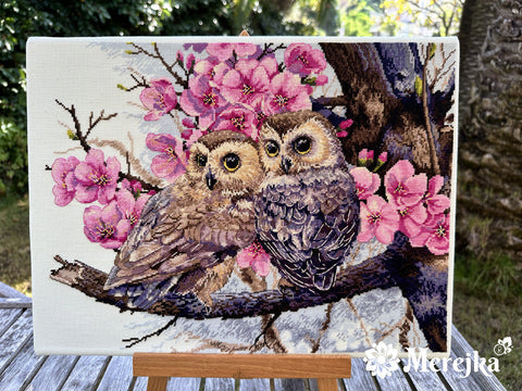 Cross Stitch Kit with Two Owls in Spring Flowers, Merejka, Aida Fabric, Cotton Threads, 38×29 cm, Chart and Needle Included