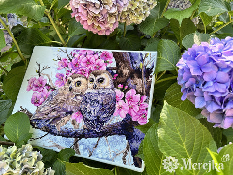 Cross Stitch Kit with Two Owls in Spring Flowers, Merejka, Aida Fabric, Cotton Threads, 38×29 cm, Chart and Needle Included
