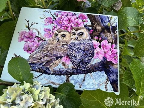 Cross Stitch Kit with Two Owls in Spring Flowers, Merejka, Aida Fabric, Cotton Threads, 38×29 cm, Chart and Needle Included