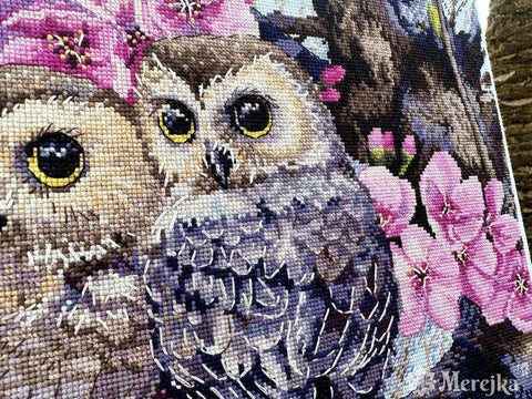 Cross Stitch Kit with Two Owls in Spring Flowers, Merejka, Aida Fabric, Cotton Threads, 38×29 cm, Chart and Needle Included