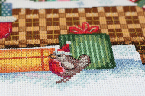 Winter Cross Stitch Kit with Beads, Abris Art Holiday Scene, 30x20 cm, 14 Count Canvas, 29 Thread Colors, Made in Ukraine