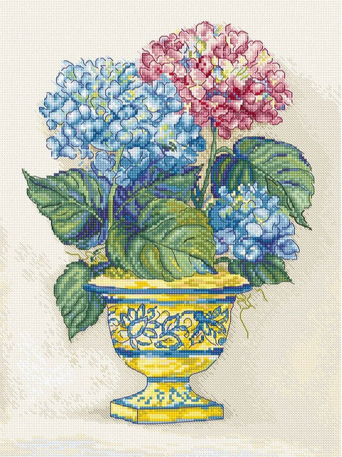 Hydrangea Blooms Cross Stitch Kit 30x22cm, LetiStitch, Zweigart Aida 16ct, Anchor Cotton Threads, Intermediate Level