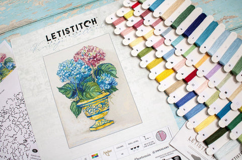 Hydrangea Blooms Cross Stitch Kit 30x22cm, LetiStitch, Zweigart Aida 16ct, Anchor Cotton Threads, Intermediate Level