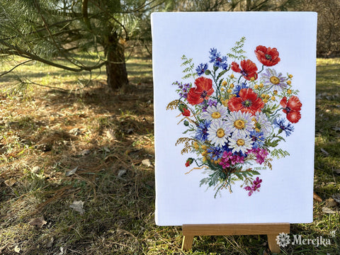 Meadow Flowers Cross Stitch Kit, 30 x 26 cm, 39 DMC Colors, Zweigart Aida 16 ct, John James Needle, Merejka