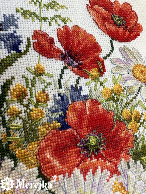 Meadow Flowers Cross Stitch Kit, 30 x 26 cm, 39 DMC Colors, Zweigart Aida 16 ct, John James Needle, Merejka