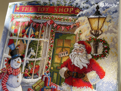Merejka Cross Stitch Kit, Toy Store Scene, 30 x 30 cm, Aida Canvas, Cotton Threads, Embroidery Pattern