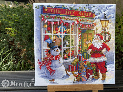 Merejka Cross Stitch Kit, Toy Store Scene, 30 x 30 cm, Aida Canvas, Cotton Threads, Embroidery Pattern