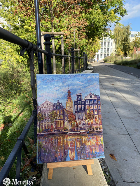 Merejka Amsterdam Counted Cross Stitch Kit, Cityscape, 30 x 39.5 cm, Multicolor, Includes Fabric, Threads, Needle and Chart