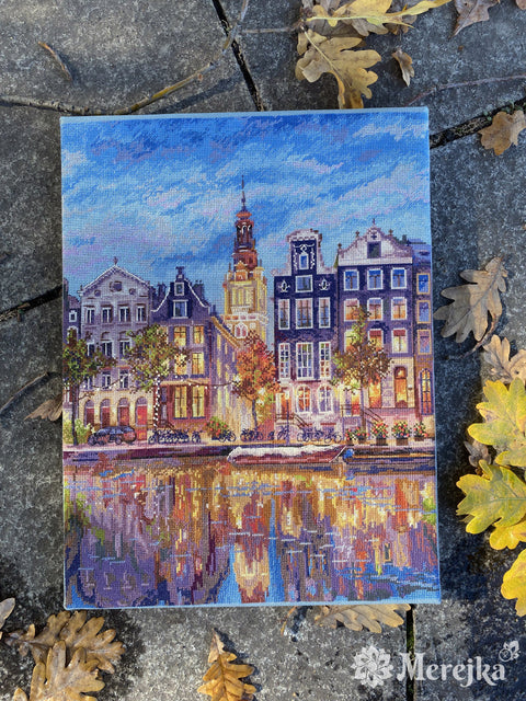 Merejka Amsterdam Counted Cross Stitch Kit, Cityscape, 30 x 39.5 cm, Multicolor, Includes Fabric, Threads, Needle and Chart