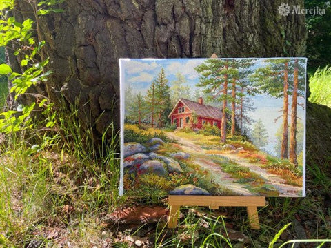 Cross Stitch Kit Red Cabin in the Forest, Merejka, 30 × 39.5 cm, Landscape Design, Home Decor Project