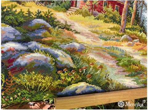 Cross Stitch Kit Red Cabin in the Forest, Merejka, 30 × 39.5 cm, Landscape Design, Home Decor Project