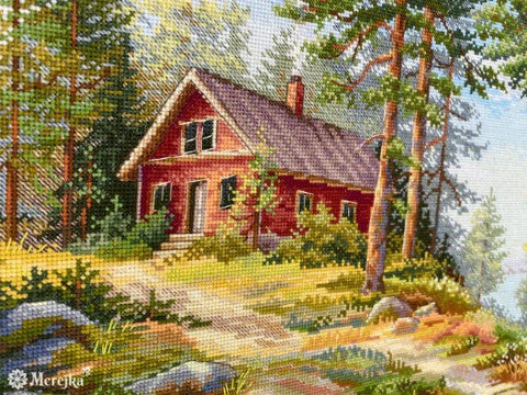 Cross Stitch Kit Red Cabin in the Forest, Merejka, 30 × 39.5 cm, Landscape Design, Home Decor Project