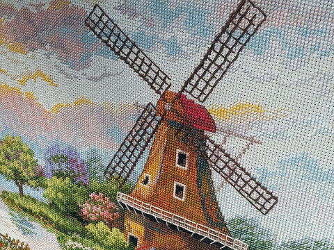 Cross Stitch Kit Dutch Windmills Landscape, Merejka, DMC Threads, Ice-Blue Aida 16, 30×40 cm