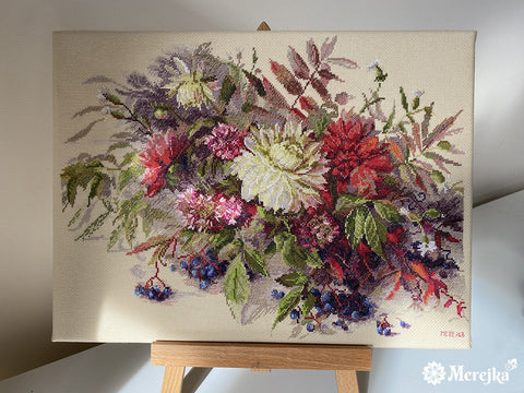 Merejka Autumn Cross Stitch Kit, 30x40 cm Embroidery Set with Canvas, Cotton Threads, Needle, Pattern and Instructions
