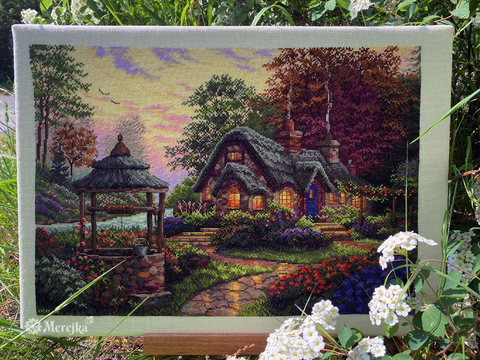 Merejka Cross Stitch Kit, Romantic Cottage Design with Flowers, Multicolor Cotton Threads, Fabric, Needle and Instructions