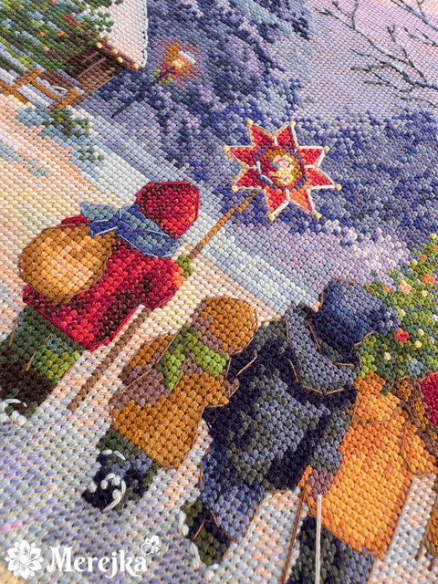 Christmas Cross Stitch Kit Carol of the Bells, 30 x 41 cm, Merejka, 38 DMC Colors, Zweigart Aida 16, Fantastitch Pattern