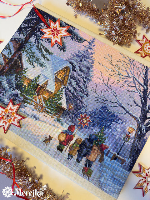 Christmas Cross Stitch Kit Carol of the Bells, 30 x 41 cm, Merejka, 38 DMC Colors, Zweigart Aida 16, Fantastitch Pattern