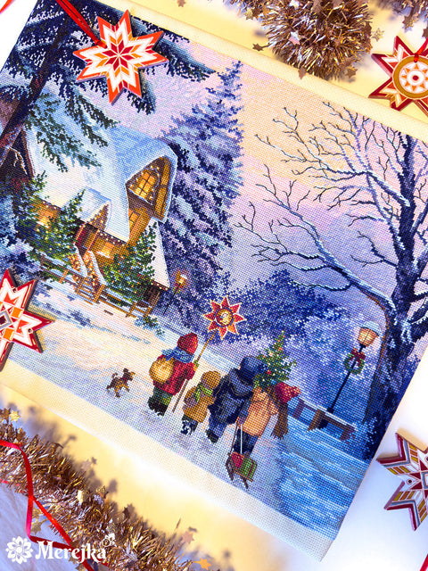 Christmas Cross Stitch Kit Carol of the Bells, 30 x 41 cm, Merejka, 38 DMC Colors, Zweigart Aida 16, Fantastitch Pattern