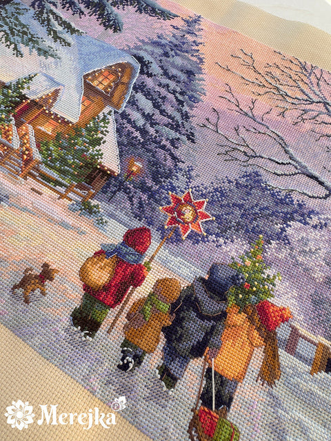 Christmas Cross Stitch Kit Carol of the Bells, 30 x 41 cm, Merejka, 38 DMC Colors, Zweigart Aida 16, Fantastitch Pattern