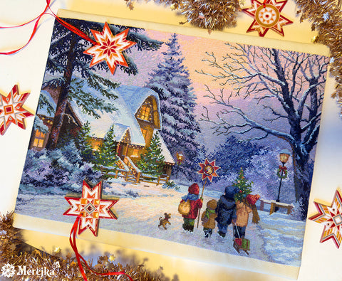 Christmas Cross Stitch Kit Carol of the Bells, 30 x 41 cm, Merejka, 38 DMC Colors, Zweigart Aida 16, Fantastitch Pattern