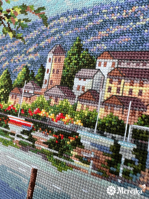 Merejka Cross Stitch Kit, Lago del Porto Landscape, 31.5 x 41.5 cm, Cotton Threads, Canvas, Needle and Chart